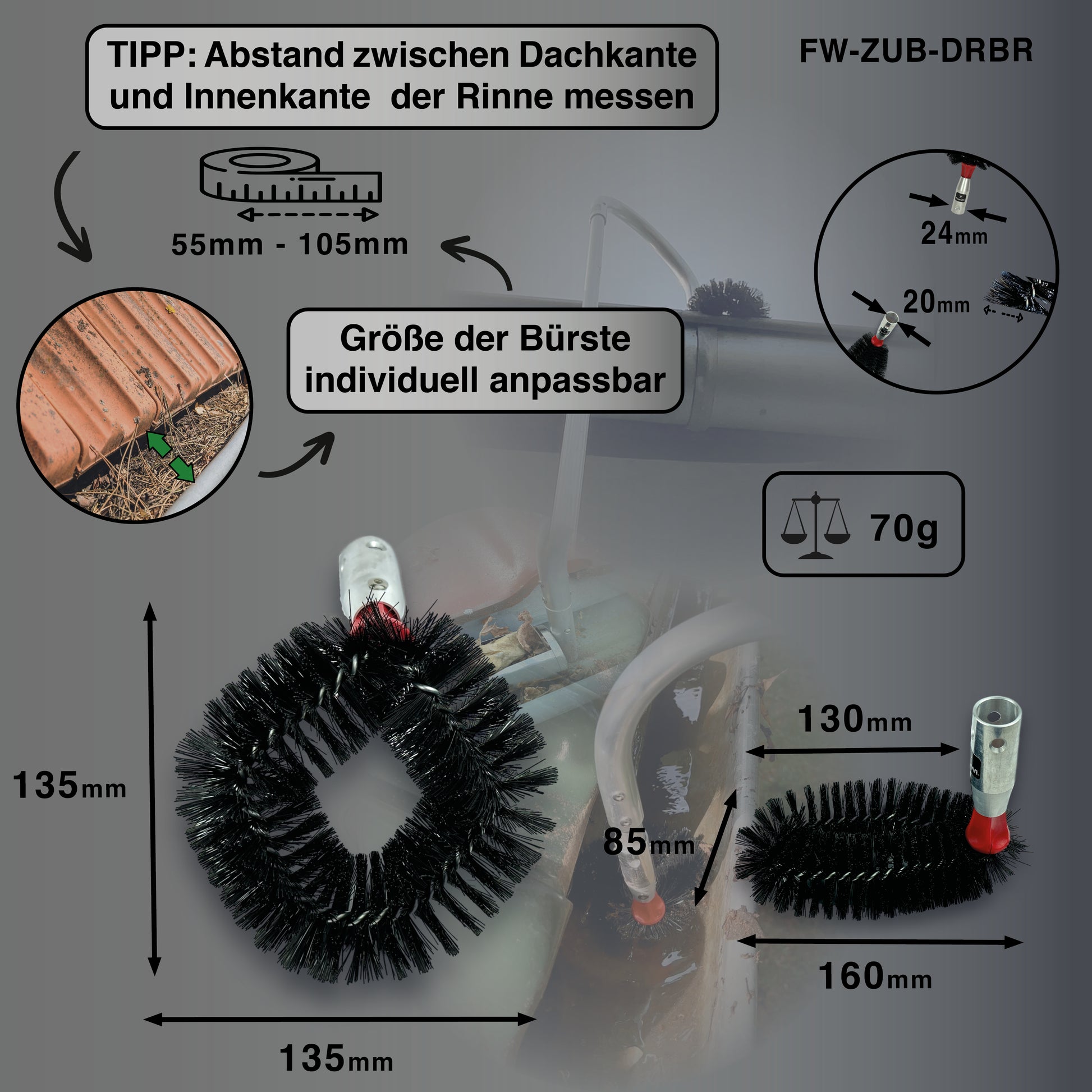 Abmessungen der FenWi Dachrinnenbürste im Detail