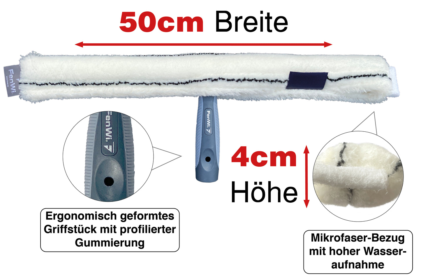 Profi Fensterwischer / 50cm Mikrofaser Einwascher mit Griff und 45cm Alu T-Träger